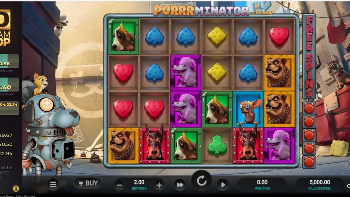 Tampilan visual slot Purrrminator Dream Drop dengan latar belakang gang cyberpunk