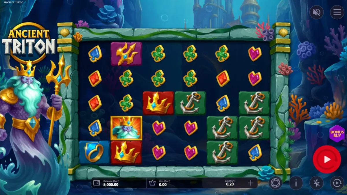 Pemandangan bawah laut yang memukau dalam slot Ancient Triton dengan simbol harta karun.